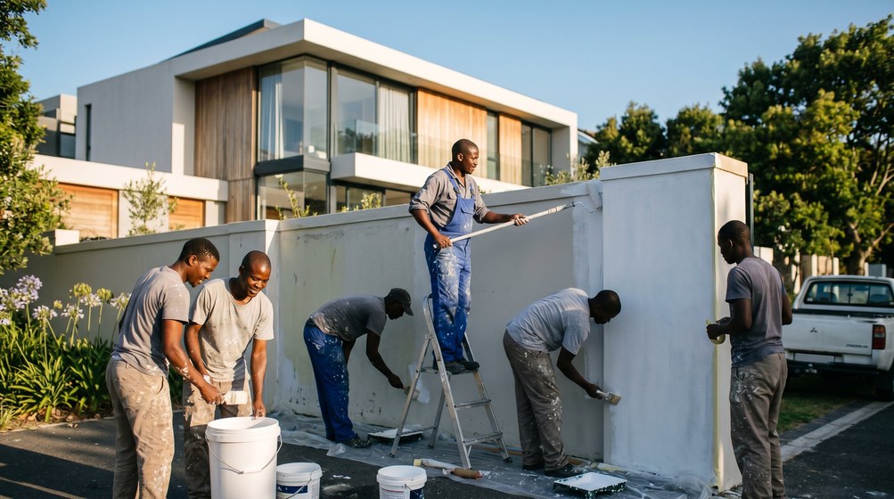 Professional team painting a boundary wall at a modern home in George
