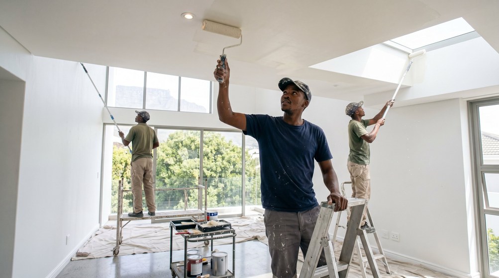 Professional ceiling painters rolling white paint onto a high ceiling in George