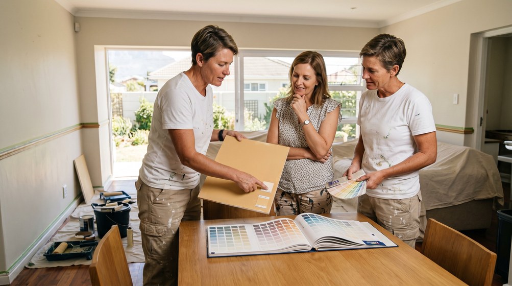 Professional colour consultant showing paint swatches to a homeowner in George
