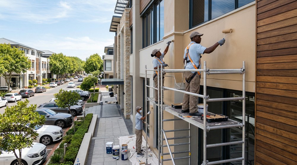 Professional commercial painters on scaffolding painting a building on the Garden Route