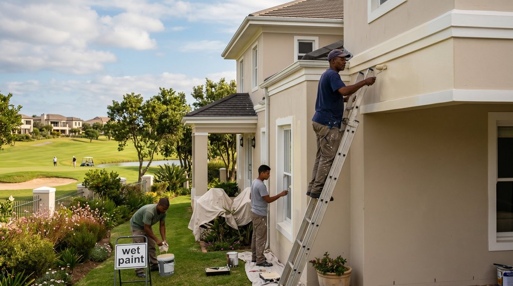 Professional estate painters painting a luxury golf estate home on the Garden Route