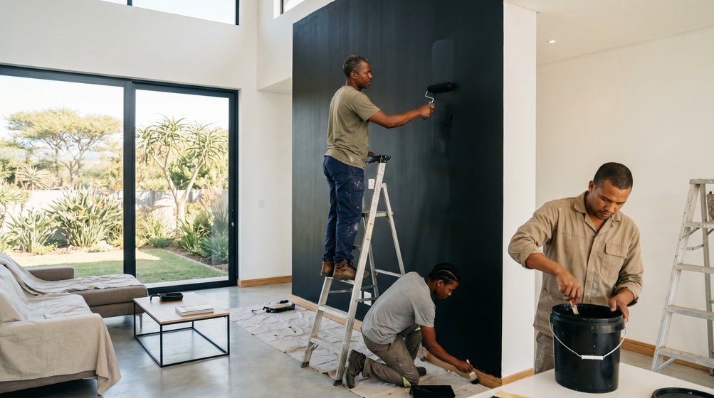 Professional painters creating a bold black feature wall in a modern George home