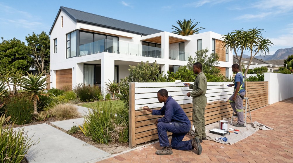 Professional fence painters painting a wooden fence at a coastal home in George