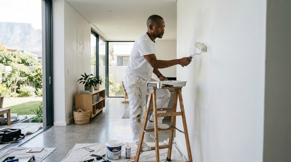 Professional interior painter in George painting walls with a roller