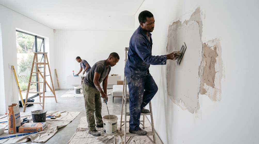 Professional plaster repair team skim coating damaged walls in George