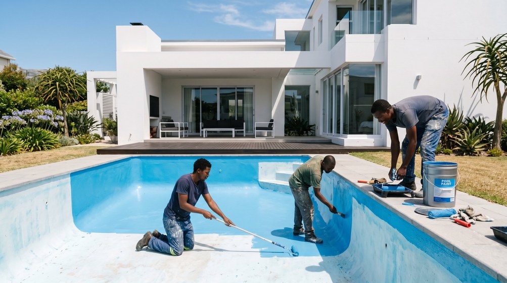 Professional pool painters applying blue pool paint to a swimming pool in George