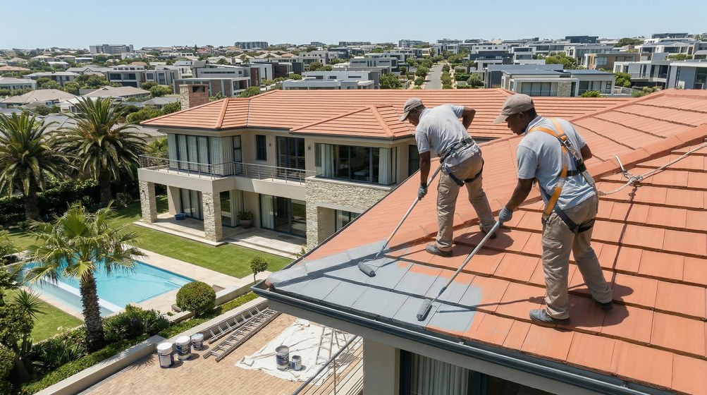 Professional roof painters applying waterproof coating to tiled roof in George