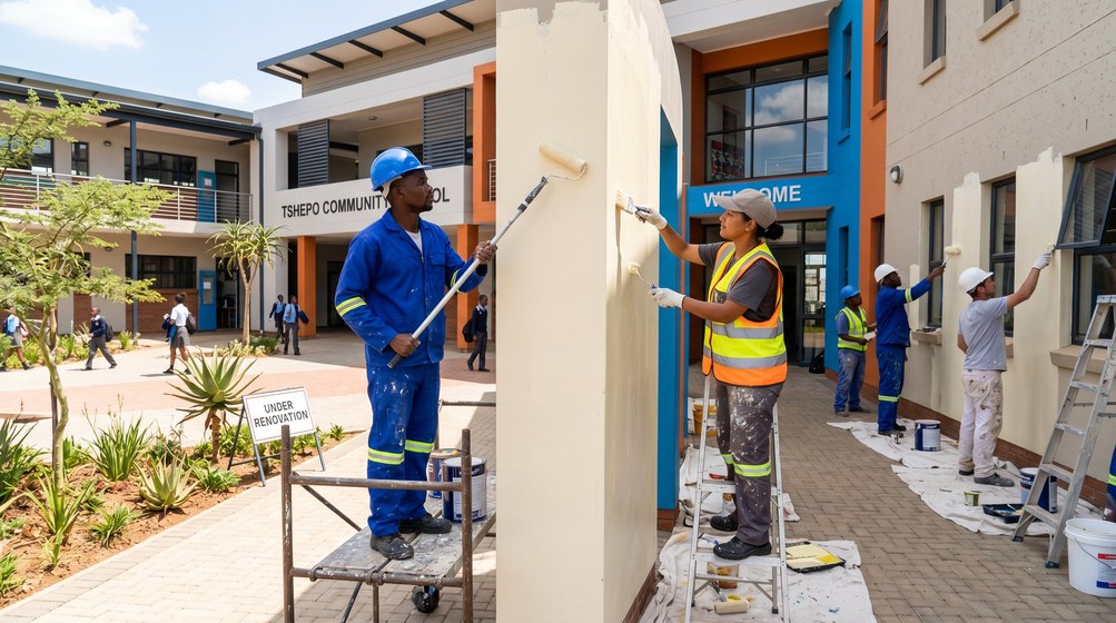 Professional school painting team painting a community school on the Garden Route