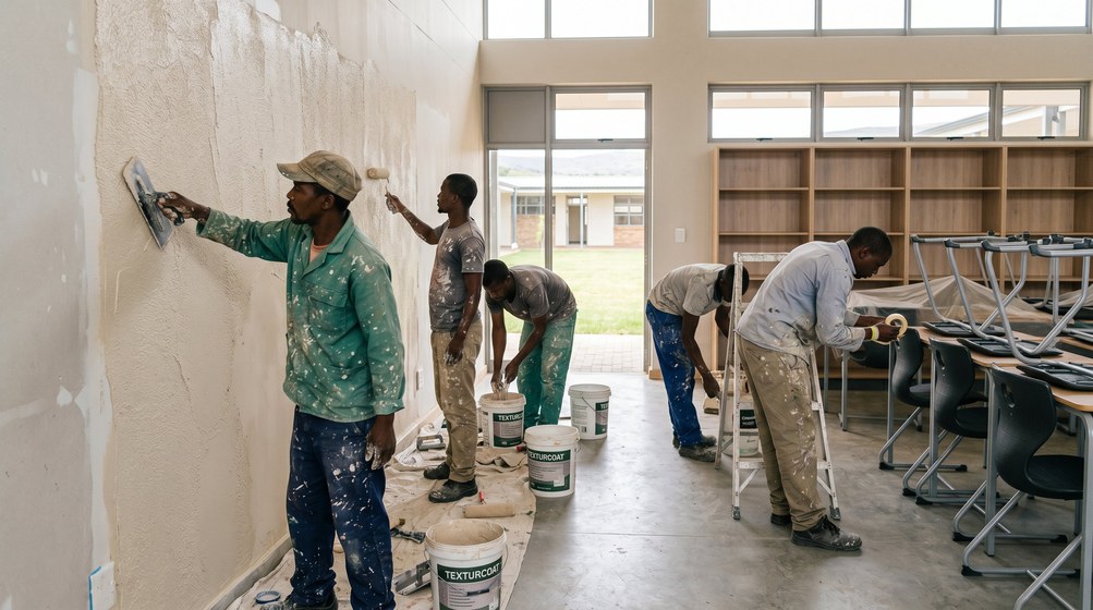 Professional texture coating team applying Texturcoat to interior walls in George