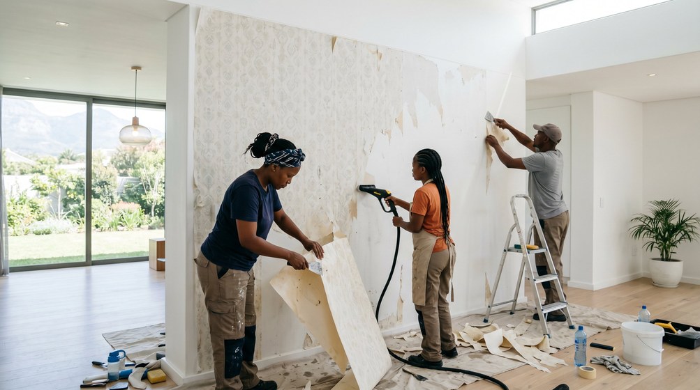 Professional wallpaper removal team stripping old wallpaper in a George home