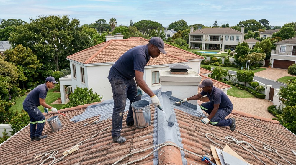 Professional waterproofing team applying membrane to roof in George