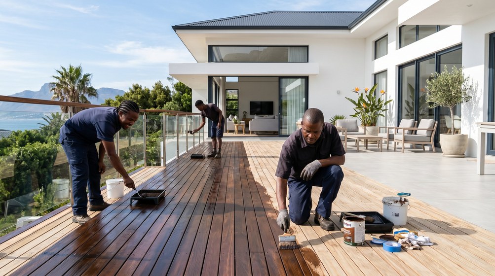 Professional wood staining team applying deck stain overlooking the ocean in George